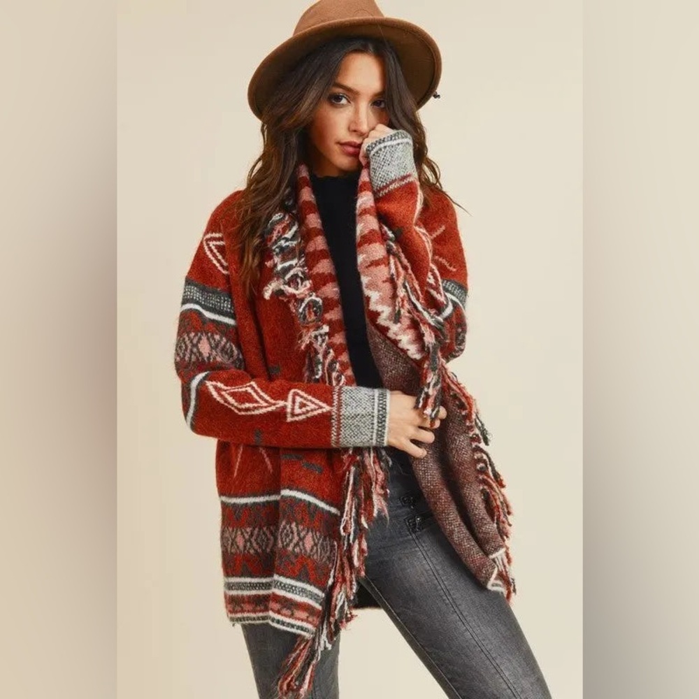 Doe & Rae Aztec Open Front Fringe Cardigan Sweater Brown Multi Size L EXCELLENT! - Picture 7 of 16